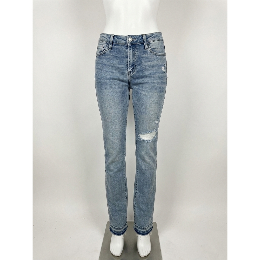 NEW JUDY BLUE mid rise destroy & released hem bootcut denim jean in light wash